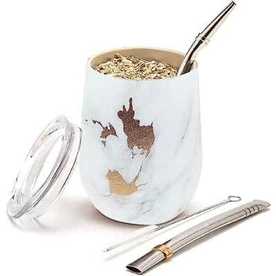 Afbeelding van BALIBETOV Nieuw Moderne Yerba Mate Gourd Set (Mate Mok) Dubbelwandig 18/8 roestvrij staal bevat twee bombillas en een reinigingsborstel (GOUD MARMER, 355 ml)