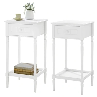 Afbeelding van WOLTU Set van 2 hoge nachtkastjes met lade en open rek, 35 x 70,5 cm, salontafel wit voor slaapkamer, woonkamer, barokke stijl, poten massief hout