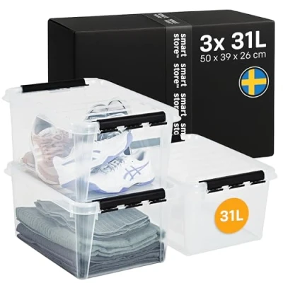 Afbeelding van SmartStore opbergboxen 32l (3 stuks), verstevigd, transparant, 10 jaar garantie, geschikt voor levensmiddelen, clipsluiting, stapel en nestbaar, BPA vrij l50 x b39 h26cm
