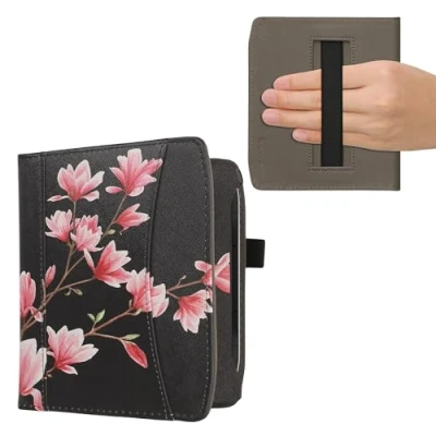 Afbeelding van kwmobile flip cover compatibel met Pocketbook Era/Era Color Hoes handgreep en voorvak voor e reader Book case in poederroze/wit/zwart Magnolia