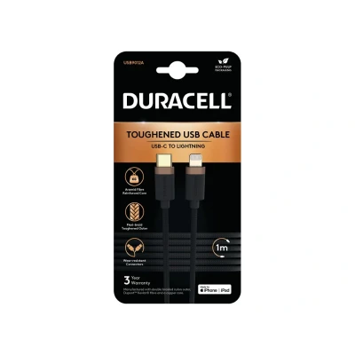 Afbeelding van Duracell 3A MFi USB C naar Lightning Kabel Kevlar 60W 1M Zwart