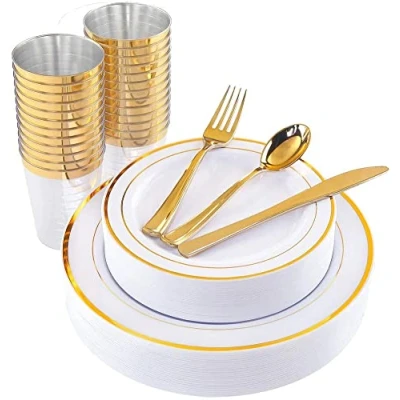 Afbeelding van LATERN 150 Stuks Herbruikbaar Goud Plastic Servies, 25 Dinerborden, Saladeborden, Messen, Vorken, Lepels, Bekers voor Gasten Huwelijksverjaardag Tuinfeest