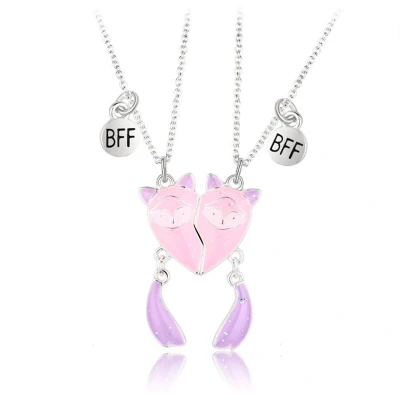 Afbeelding van Bixorp Friends BFF Ketting voor 2 met Magnetische Vosjes Hartje Roze &amp; Zilverkleurig Vriendschapsketting