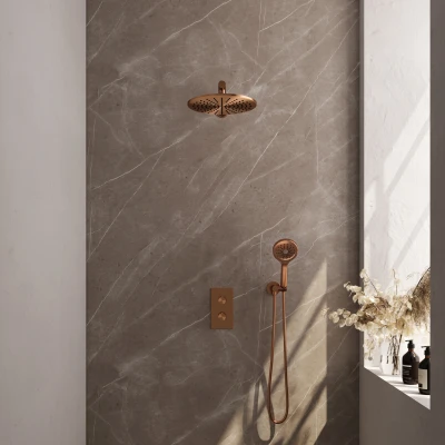Afbeelding van BRAUER Copper Carving thermostatische inbouw regendouche 3 weg omstelling SET 32 met 30 cm douchekop en rechte muurarm standen handdouche