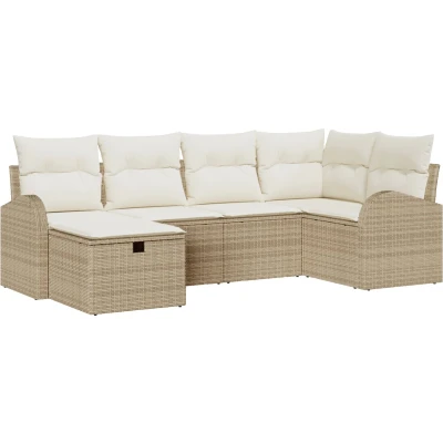 Afbeelding van vidaXL 6 delige Tuinsalon Set met Kussens Beige Poly Rattan, 2 zits Opbergvak &amp; Rattan