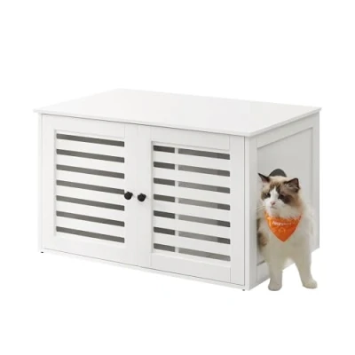 Afbeelding van Feandrea Kattenbak, kattenhuis met uitneembare scheidingswand, 2 lamellendeuren, kattentoilet, bijzettafel, 80 x 53 49 cm, wolkenwit