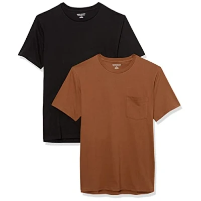 Afbeelding van Amazon Essentials Heren Slim Fit T shirt met korte mouwen en ronde hals, 2 stuks, zwart/bruin, XS
