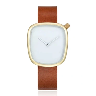 Afbeelding van LGT JWLS Minimalistisch Dameshorloge Bruine Lederen Band, Wit Uurwerk, Gouden Behuizing