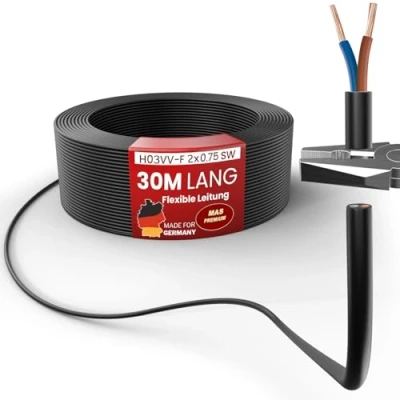 Afbeelding van Van 5 tot 100 m kunststof slangleiding H03VV F 2G0,75 zwart flexibele kabel apparaatkabel (30m)
