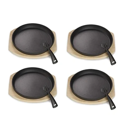 Afbeelding van ECHTWERK Serveerpan van gietijzer, grillpan met serveerplank, afneembare handgreep, al ingebrand, geschikt voor oven, barbecue, barbecue en inductie, ideaal het serveren, 4 delig