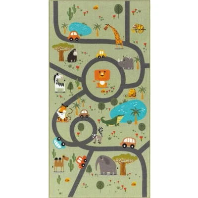 Afbeelding van the carpet Happy Life Kinderkamer, kindertapijt, speeltapijt, wasbaar, wegtapijt, wegen, jungle, dieren, auto, Groen 100 x 200 cm