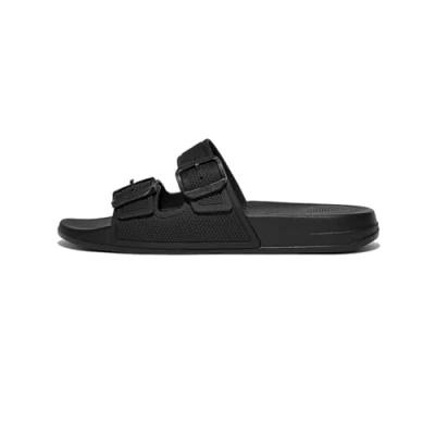 Afbeelding van FitFlop Women iQushion Two Bar Buckle Slides All Black Schoenmaat 40