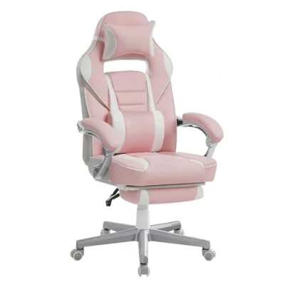 Afbeelding van SONGMICS bureaustoel, uitschuifbare voetsteun, kussen, lendenkussen, in hoogte verstelbaar, ergonomisch, kantelbare rugleuning, draagvermogen tot 150 kg, pastelroze crèmewit OBG073P01