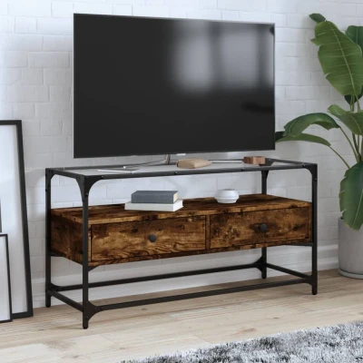 Afbeelding van Tv meubel met glazen blad 98x35x51 cm hout gerookt eikenkleurig