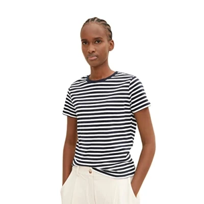 Afbeelding van TOM Tailor Denim Striped TEE Tshirt print, Dames, Maat: XL, White blue stripe
