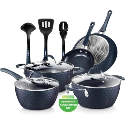 Afbeelding van Nutrichef 11 Delige Keramische Kookset Excilon Potten, Pannen, Deksels, Keukengerei, Pfas Vrij, Blauw