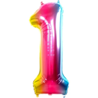 Afbeelding van Folie Ballon Cijfer 1 Jaar Regenboog 36Cm Verjaardag Folieballon Met Rietje