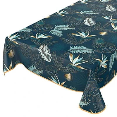 Afbeelding van Wasdoek tafelkleed, afwasbaar tuintafelkleed van tafelzeil, rond, ovaal, rechthoekig, voor binnen en buiten, bladeren, goud/blauw, 200 x 140 cm, met zoom, omzoomd