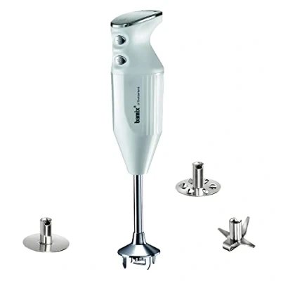 Afbeelding van bamix Staafmixer set M250 PRIME incl. multifunctioneel mes, Gaatjesschijf, Gladde schijf van roestvrij staal, 250 Watt, 2 standen, Made in Switzerland, Wit/chroom