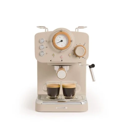 Afbeelding van CREATE / THERA RETRO Semiautomatisch express koffiezetapparaat, matte zandkleur en hout 20 bar, dubbele uitgang, tank van 1,25 l, voor gemalen koffie pads 55 mm, met melkschuimer, 1100 W