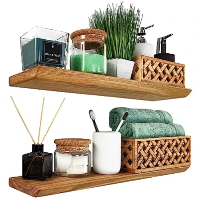 Afbeelding van Wood Wedge Zwevende planken set van 2, ashouten hangplank met onzichtbare beugels voor badkamer, slaapkamer, toilet, keuken, kantoor, woonkamer, muurdecoratie trofeeën, boekenplank rustiekNatuurlijk,