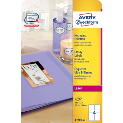 Afbeelding van Etiket Avery Zweckform L7769 40 99.1x139mm hoogglans wit 160stuks