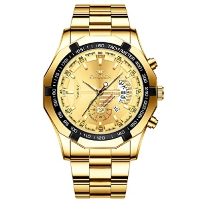 Afbeelding van JewelryWe Herenhorloge, roestvrij staal, kwartshorloge, analoog, 30 m, waterdicht, zakelijk, casual, met datumkalender en lichtgevende wijzers, cadeau voor mannen jongens, goud, Armband