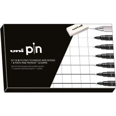 Afbeelding van Uni ball Pin Fineliner Startersset Set 6 stuks met Vulpotlood en Gum