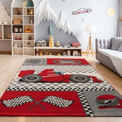 Afbeelding van Kindertapijten, race auto, Vloerkleed Rood, 80 x 150 cm, Tapijten voor kinderen, kinderkamer