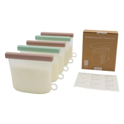 Afbeelding van Siliconen moedermelk opbergzakken 5 Pack herbruikbare zakken voor borstvoeding BPA vrij, Food Grade &amp; 210ml/7oz Capaciteit Dubbel verzegeld om lekkage te voorkomen Zelfstaand