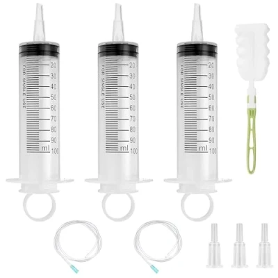 Afbeelding van 3 spuiten 100 ml met slang, 1 flessenborstel, oliespuit doseerspuit van kunststof, herbruikbare plastic spuit voor laboratorium, tuin, dierenvoeding en industrie