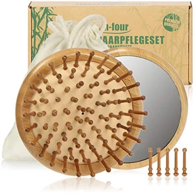 Afbeelding van COM FOUR® 2 delige premium haarverzorgingsset, ontwarrende haarborstel van bamboe en een kleine kapperspiegel, borstel tegen gematteerd haar (2 delen Tangle brush + spiegel)