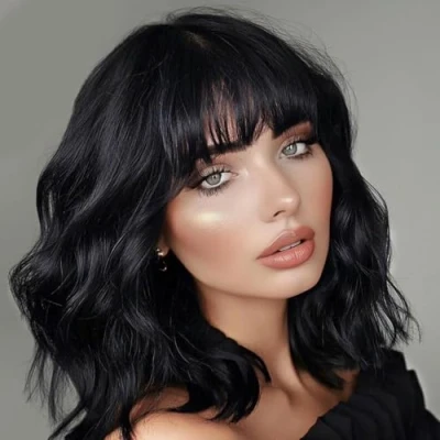 Afbeelding van pruik voor dames, zwart, kort, bob pruiken met pony, afropruik, Braziliaans haar, golvend, natuurlijke kleur zwarte
