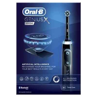 Afbeelding van Oral B Genius X met kunstmatige intelligentie zwarte elektrische tandenborstel, 1 Sensi ultradunne tandenborstelkop, 6 reinigingsmodi, tandvleesdruksensor, slimme USB reiskoffer, 2 UK Pin Plug