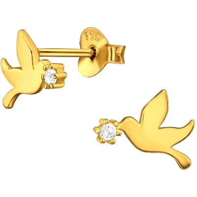 Afbeelding van JoyS Zilveren vogel oorbellen 6 x 10 mm zirkonia oorknoppen duif 14k goudplating