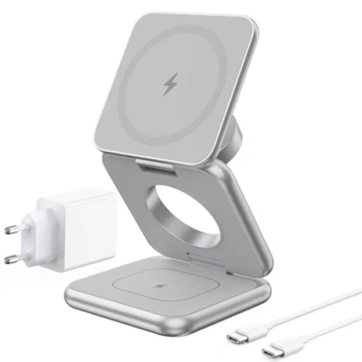 Afbeelding van KU XIU X40 3 in 1 Opvouwbaar Magnetisch Draadloos Laadstation, Inductieladers voor iPhone 16/15/14/13/12 Serie, 5W Snelladen Apple Watch 9/8/7/6/Ultra 2 en AirPods Pro 4/3/2, Zilver