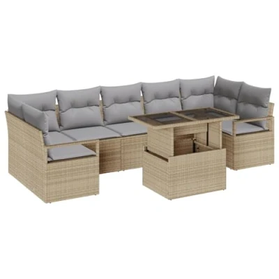 Afbeelding van vidaXL 8 delige Tuin Sofa Set met Kussens Beige Poly Rattan, 2 zit Opslag &amp; Rattan