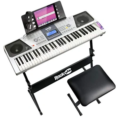 Afbeelding van 61 Key Keyboard Piano Kit met Stand, Bench, Koptelefoon, Note Stickers &amp; Lessen