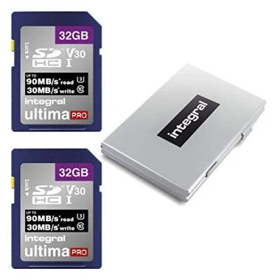 Afbeelding van Integral 32 GB 2 pack SD kaart met een 6 sleuf beschermende metalen geval 4K Ultra HD Video Premium hoge snelheid tot 90 MB/s leessnelheid SDHC V30 UHS I U3 klasse 10 geheugenkaart