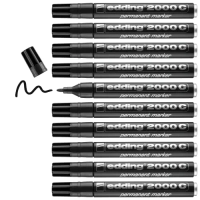 Afbeelding van edding 2000 C permanente marker, zwart, 10 pennen, ronde punt 1,5 3 mm, sneldrogend, water en veegbestendig, voor karton, kunststof, hout, metaal, universele marker