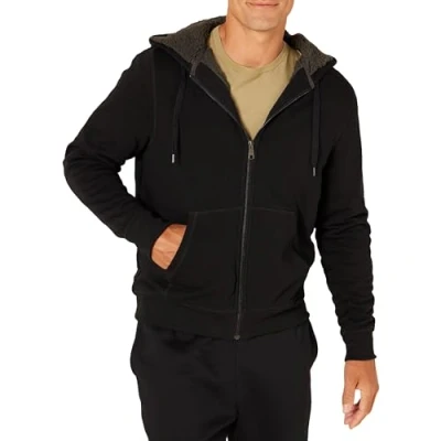 Afbeelding van Amazon Essentials Men&#039;s met sherpa gevoerde fleecetrui capuchon en volledige ritssluiting, Zwart, S