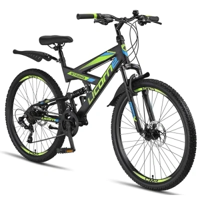 Afbeelding van Licorne Bike Strong D Premium mountainbike van 26 inch, fiets voor jongens, meisjes, dames en heren, schijfrem achter, 21 versnellingen, volledige vering, zwart/blauw/limoen