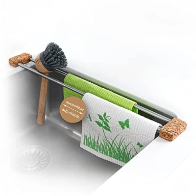 Afbeelding van gekopieerde spoelbakafdruiprek van natuurlijk materiaal, afwasdoekhouder, opberghulp, spoelbak organizer, afdruiprek, gebruiksvoorwerpenhouder, het origineel de tv (kurk, natuurlijk)