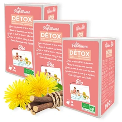 Afbeelding van LES PAPOTEUSES biologische detox kruidenthee dankzij paardenbloem en klis 60 zakken Infusieset met 3 dozen 20 theezakjes Gecertificeerde