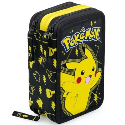 Afbeelding van Clondo Drievoudige Gevulde Etui, Voor Pokemon Fans, 45 School Accessoires, Pennenetui 3 Ritsen, Georganiseerde Vakken, Kleurpotloden, Viltstiften, Lijm, Schaar