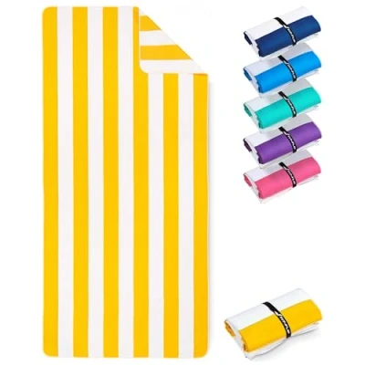 Afbeelding van Stranddeken XXL microvezel strandhanddoek groot, licht en sneldrogend 100% gerecyclede handdoek Strandlaken Citroengeel Wit gestreept 200cmx90cm