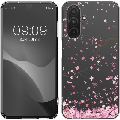 Afbeelding van kwmobile telefoonhoesje geschikt voor Samsung Galaxy A26 5G Hoesje smartphone in poederroze / donkerbruin transparant Kersenbloesembladeren design