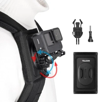 Afbeelding van TELESIN Rugzakhouder voor GoPro Hero 11, 10, 9, 8, 7, 6, Max, DJI OSMO Action, Insta360, met 360 rotatie, verstelbare Pad J haak tashouder, accessoires actiecamera