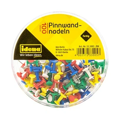 Afbeelding van Idena 333005 prikbordnaalden, 100 stuks, op kleur gesorteerd, in kunststof doos