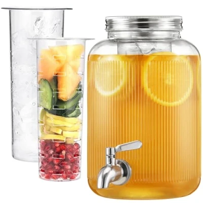 Afbeelding van Navaris drankdispenser met kraantje 4 l RVS tapkraan en deksel Dispenser voor drank Limonadetap fruit infuser ijsinzet Geribbeld design